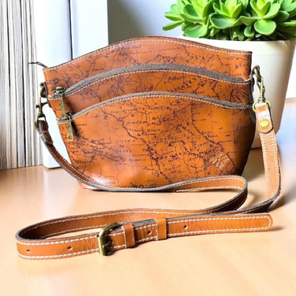 Patricia Nash Lorraine triple-zip crossbody bag in brown leather with map print